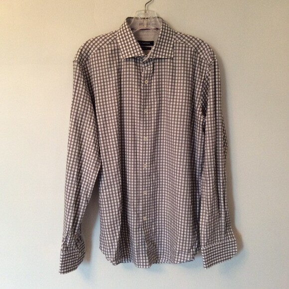 BUGATCHI MENS MEDIUM GRAY CHECKED SHAPED FIT LONG SLEEVE BUTTON UP SHIRT - Picture 2 of 6